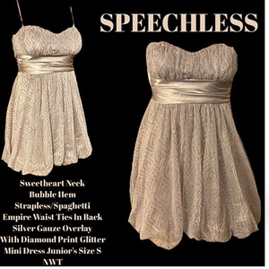 SPEECHLESS Sweetheart Neck Empire Waist Gauze W Glitter Mini Dress Junior S NWT - Picture 1 of 12