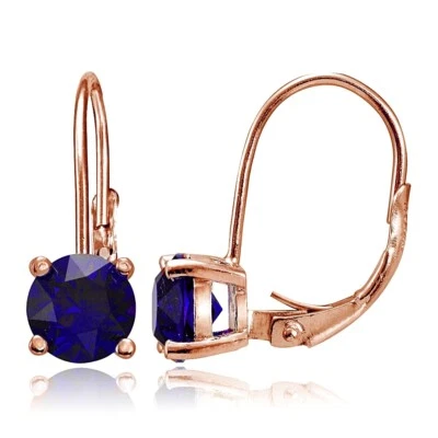 Rose Gold Flashed Sterling Silver Created Blue Sapphire Leverback Earrings - Image 1 of 4