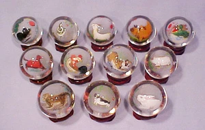 Chinese Reverse Painted Complete Set 12 New Year Calendar Glass Balls w/ Stands - Picture 1 of 6