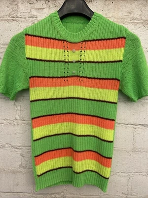 Women's Vintage 1960's Knitted Top Fluorescent Stripes Green Mod Size small - Image 1 of 3
