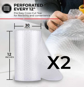 2 Rolls 12" x 30 ft. Bubble Cushioning Wrap Shipping Packing Moving Supplies - Picture 1 of 7