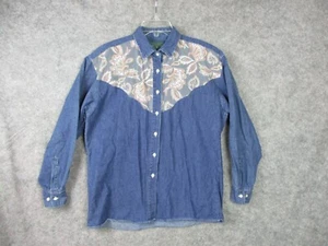 Vintage Country Western Chambray Hemd Damen mittelblau Paisley Perlen Knopf - Bild 1 von 16