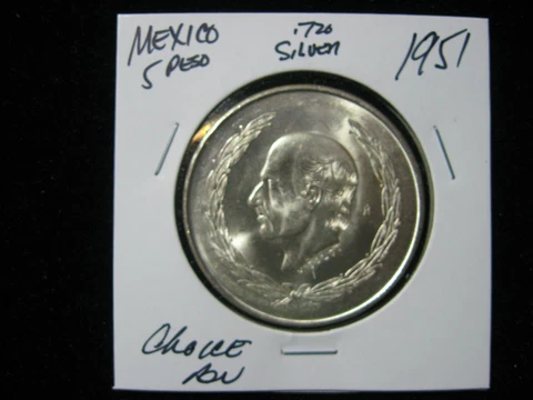 1951 MEXICO 5 PESO HIDALGO .720 SILVER CHOICE UNCIRCULATED Cover