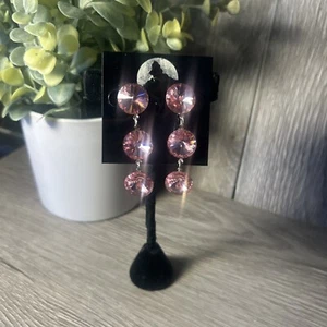 Pink Austrian Crystal Drop Pierced Earrings-3 Tier 2" Long - Picture 1 of 7