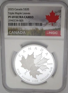2025 CA $20 TRIPLE MAPLE LEAVES NGC PF69 ULTRA CAMEO SILVER PROOF = SECOND BEST - Picture 1 of 9
