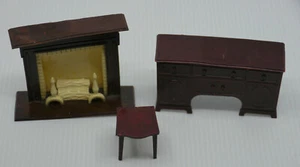 VINTAGE RENWAL PLASTIC DOLLHOUSE FIREPLACE MANTEL, w TABLE, DRESSER IN BROWN - Picture 1 of 8