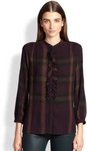Burberry Brit Dark Black Currant Check Ruffle Shirt Top $350 NWT XS - Picture 1 of 1