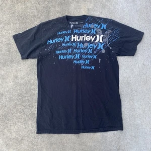 Y2K Hurley Shirt Uomo Grande Nera T Shirt Grunge Skater Vernice Splatter USA - Foto 1 di 4