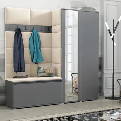 Garderoben-Set Noris IV mit Spiegel, gepolsterte Garderobe 190 cm mit Sitzbank, - Bild 1 von 4