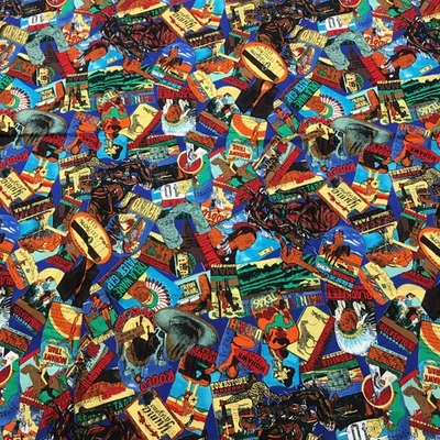 Vintage Western Cowboys and Indians Fabric Piece 72x42 inch Cotton Screen Print Foto 1 de 4