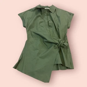 Camisa envolvente de oficina Zara para mujer pequeña verde atada cintura cuello vuelto abotonada - Imagen 1 de 10