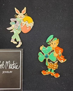 Bob Mackie Leprechaun and Easter Bunny Pins Brooches Enamel Jewelry New in Box - Picture 1 of 23