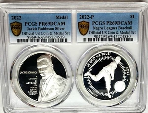 2022 Negro League Baseball Jackie Robinson Silver Dollar & Silver Medal Set PR69 - Picture 1 of 2