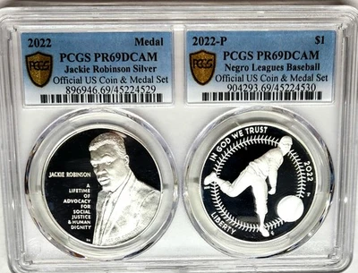 2022 Negro League Baseball Jackie Robinson Silver Dollar & Silver Medal Set PR69 - Image 1 of 2