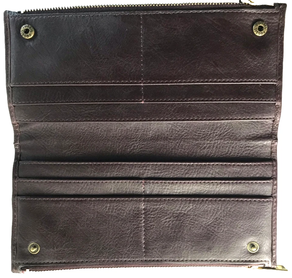 Fossil Mujer 2 Cremallera Dinero en Efectivo Moneda Tarjeta de Crédito Cuero Cartera Figura Púrpura Botón Broches a Presiones Foto 1 de 4