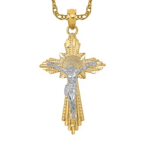 10K Solid Two Tone Gold Jesus Crucifix Cross Necklace - Picture 1 of 12