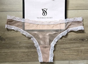 Vintage Victoria's Secret Nude Sheer Nylon Blend Mesh Lace Trim Thong Panties M - Picture 1 of 3