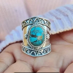 Lustiger Modeschmuck versilbert oval blau Faux Türkis Ring Größe 8,5 - Bild 1 von 12