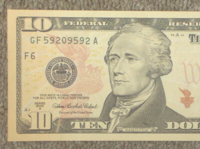 2004 $10 Dollar Bill US Federal Bank Note Fancy Serial Number 592 09 592 - Image 1 of 3