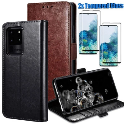 For Samsung Galaxy S22 Ultra S9 S10 S20 S21 Case Leather Wallet Screen Protector - Image 1 of 4