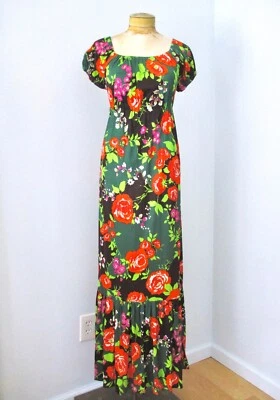 Vtg 70s Red Rose Purple Floral Poly Maxi Off Shoulder Empire Dress Ruffle XS - Imagem 1 de 4