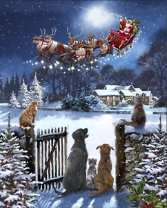 35" Fabric Panel - David Textiles Digital Dogs Santa Claus Sleigh Christmas - Picture 1 of 1