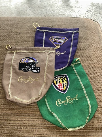NFL Baltimore Ravens 3 Bag Set Of Logo’d CROWN ROYAL BAG  1 Liter Cover
