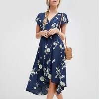 Floral Wrap Estilo Vestido Midi Azul 