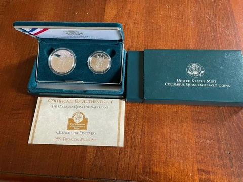 1992 Columbus Quincentenary 2-pc Proof set 90% Silver dollar and clad half Cover