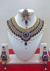 Indian Bollywood Style Diamante Kundan Pearl Gold Tone Bridal Jewelry Set - Picture 1 of 4