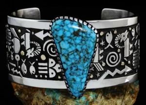 Joseph Coriz Turquoise Mountain Spiderweb Solid 14K Gold Silver Overlay Bracelet - Picture 1 of 11