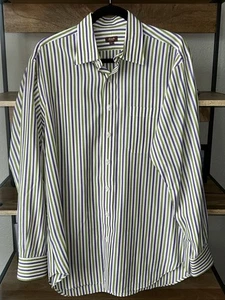 Hamilton Mens Dress Shirt 16.5/35 Purple and Green stripe MOP Buttons No Pocket - Picture 1 of 6