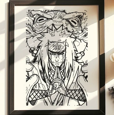 Ручной рисунок (не принт) Naruto Jiraiya в рамке ручка и чернила художественный рисунок - Изображение 1 из 4