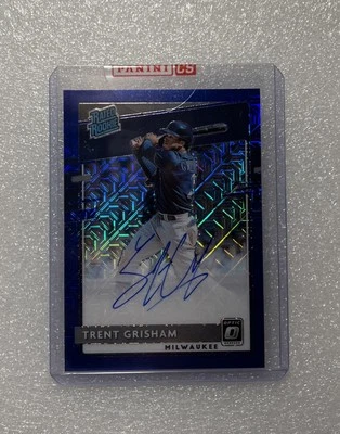 2020 Donruss Optic Trent Grisham Rated Rookie Blue Mojo Auto #/99 +3 Xtra Cards - Image 1 of 4