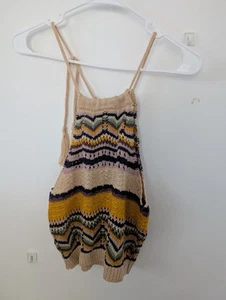 NEW Vintage Style 60's Knit Top Crochet Multi Halter Medium Stripe Zigzag - Picture 1 of 6