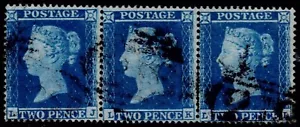 1855 2d Pale Blue SG20 Pl 4 LJ-LL Scarce Strip of 3 Light Cancels FU Cat.£330.00 - Picture 1 of 1