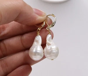 12X20 Natural White Drops Baroque Pearl Earring 18KGP Hook Irregular G19 - Picture 1 of 3