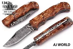Custom Handmade Damascus Steel Pocket Folding Knife With Premium Leather Cover, - Bild 1 von 5