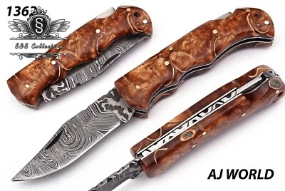 定制手工大马士革钢口袋折叠刀带优质皮革保护套, — 第 1/4 张图片