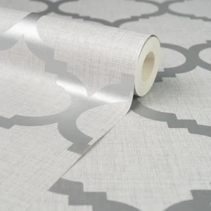 Light Grey Wallpaper Trellis Geometric Metallic Silver Feature Wall Linen Effect - Picture 1 of 9