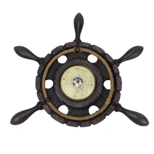 Vintage Ship Wheel Barometer Wooden Brown Hanging 16" - Picture 1 of 7