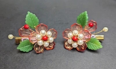 Flor de melocotón rojo, horquilla perla 1 par: horquilla decorativa artesanal tradicional Foto 1 de 3