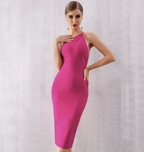 NEW DESIGNER COUTURE HOT PINK BANDAGE DRESS ASYMMETRICAL SLEEVE CROSS BACK STRAP - Picture 1 of 9