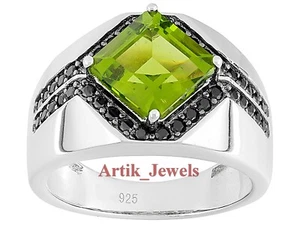 Natural Peridot & Black Spinel with 14K White Gold Plated Silver Men's Ring #737 - Picture 1 of 11