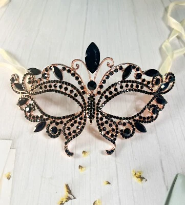 Butterfly Black Crystal Masquerade Mask, Wedding Party Gold Mask, Black Diamond - Image 1 of 3