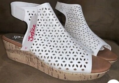 JUSTICE PEEP TOE SANDALS SIZE 9 WHITE CORK 2” WEDGE SUPER CUTE!! - Image 1 of 2