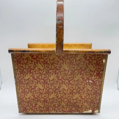 Vintage Metal Magazine Rack Painted Red Gold Dragons Handle Holder Stand Antique - Image 1 of 4