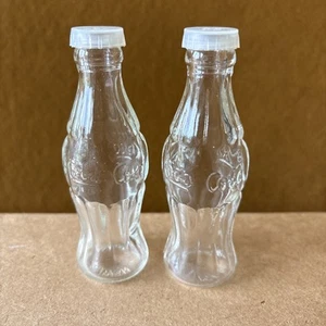 Coca-Cola Clear Glass Bottles Salt & Pepper Shakers Plastic Lid Taiwan CS - Picture 1 of 11