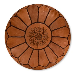 Puf de cuero marroquí marrón caramelo - Entregado relleno, otomano, reposapiés - Imagen 1 de 4