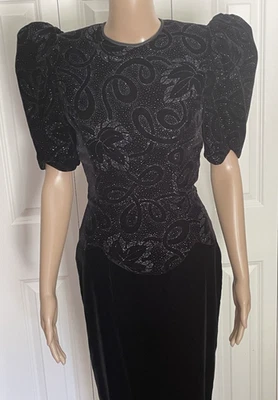 复古 Scott McClintock 4 黑色天鹅绒闪亮叶子图案开衩长裙 — 第 1/4 张图片